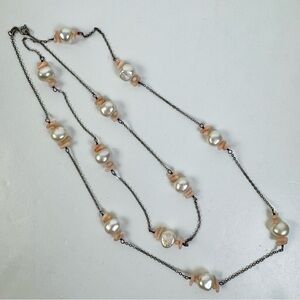 Sterling Silver Freshwater Pearl Angel Skin Coral Long Layering Necklace